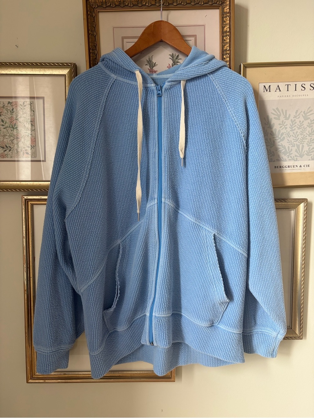 Aerie Knit Ribbed Oversized Full Zip Slouchy Hoodie Periwinkle Blue Medium